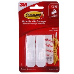 3M Command™ Medium Utility Hooks - 2 Hooks 4 Medium Strips - upto 1.3kg